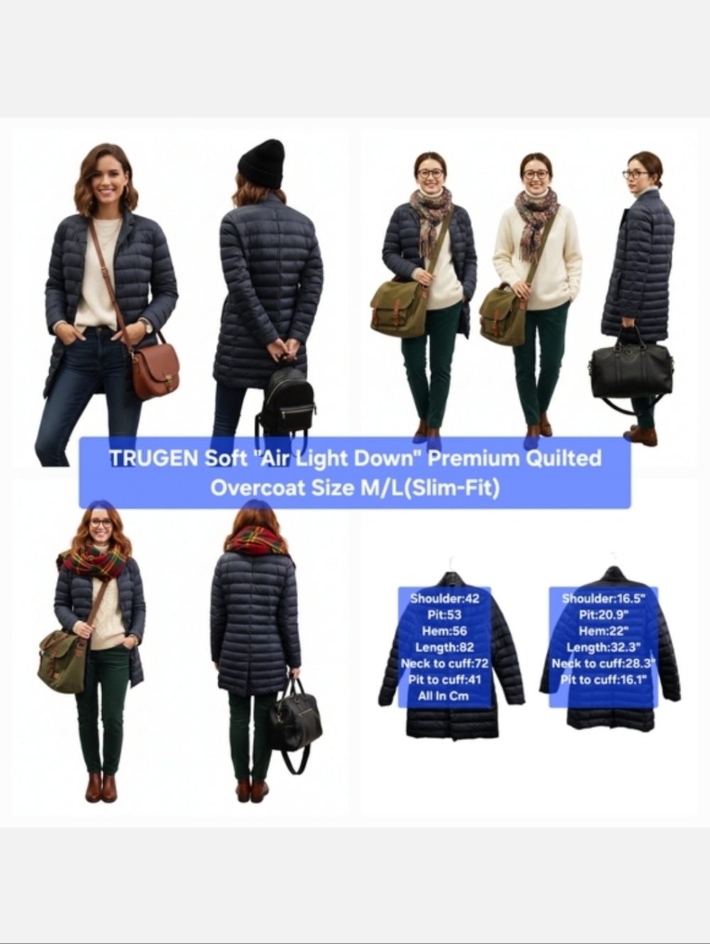 TRUGEN Soft "Air Light Down" Premium Quilted Overcoat Size M/L - Slim-Fit
